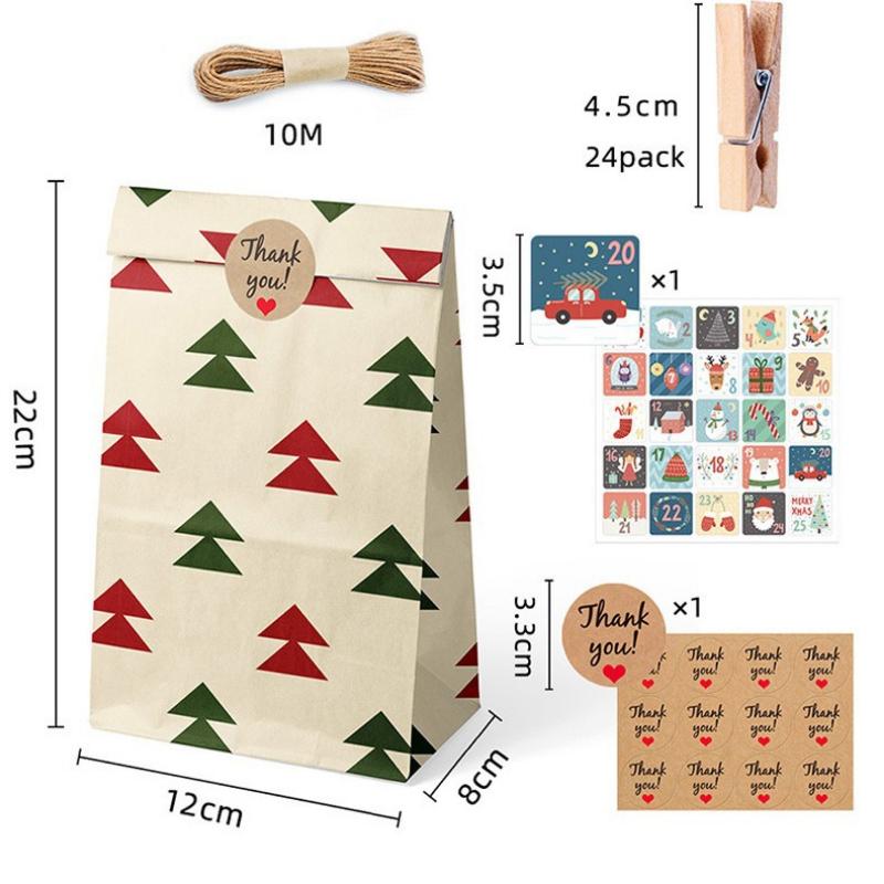 24pcs Christmas Kraft Holiday Gift Paper Packaging Candy Apple Bags Gifts Tote Bags Set Party Decoration Supplies