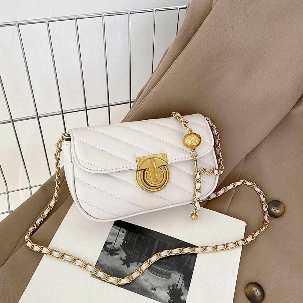 

PU Leather Chain Shoulder Bag Leisure Swivel Lock Rhombic Lattice Crossbody Bag Large Capacity Underarm Bag Women Girls білий