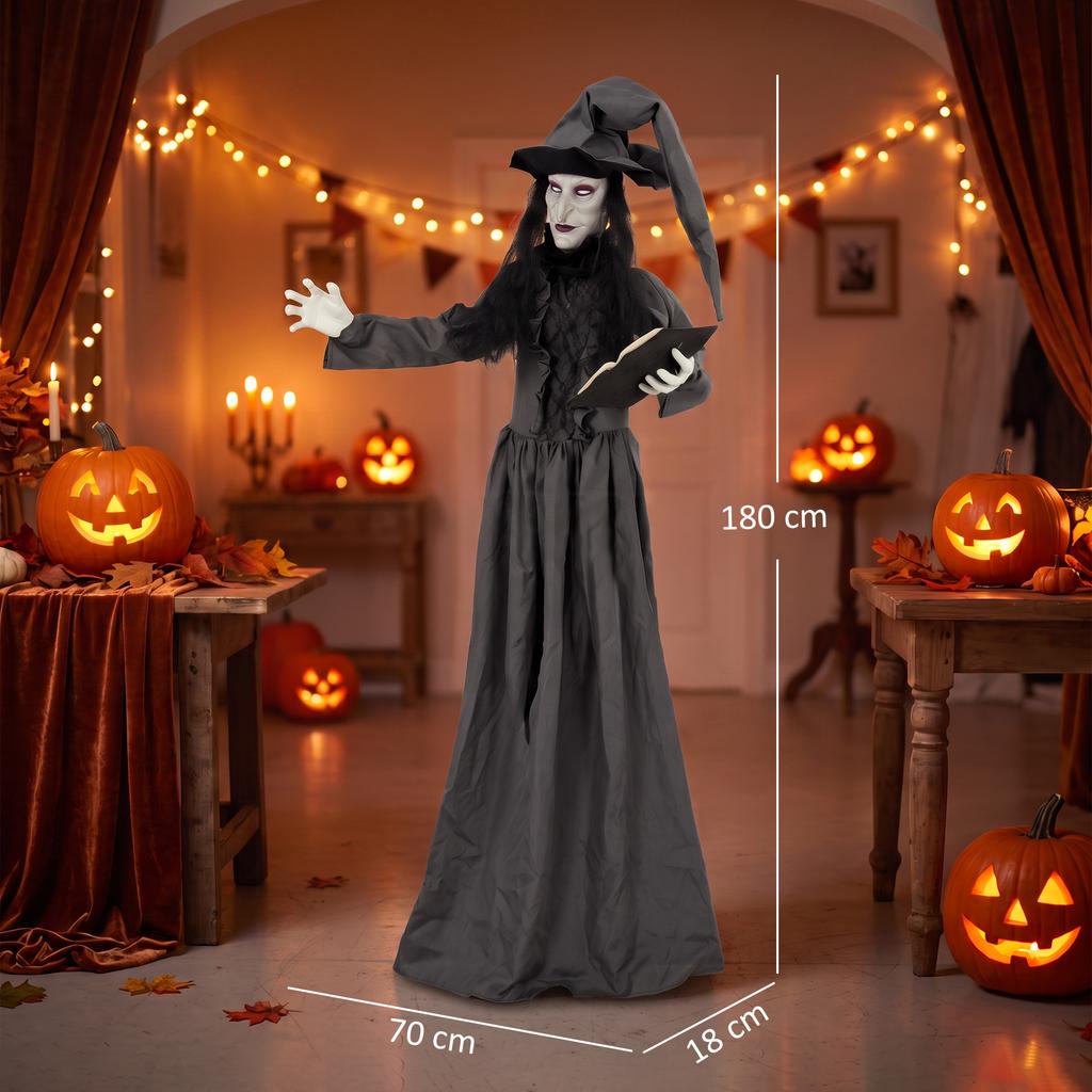 180 cm Halloween Animierte Hexe Dekoration Lebensgroß mit Leuchtenden Augen, Gruseligem Geräusch, Berührungsaktivierung