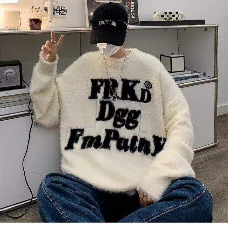 Guochao American Letter-printed Mink Fleece Sweater Men's Autumn and Winter Thickened High Street Couple Soft Waxy Knitted Sweater Top