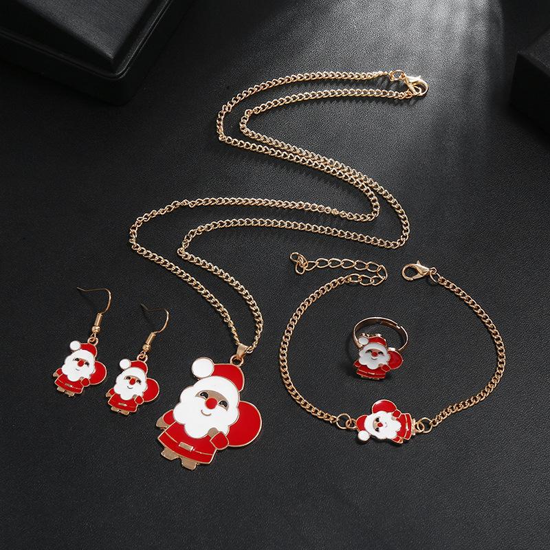 Christmas Necklace Set, Cute Santa Drip Oil Alloy Ring Earrings Bracelet Combination Set