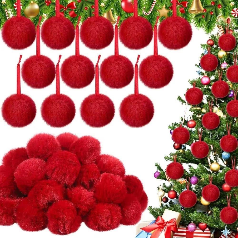 12Pcs Solid Color Fluffy Ball Hanging Ornament Furry Pom Poms Hanging Pendant Christmas Ornament