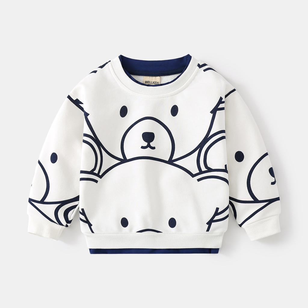 Autumn Trend Boys Sweater Monochrome Cartoon Bear Casual Top Crew Neck Cotton Long Sleeve Children's Pullover