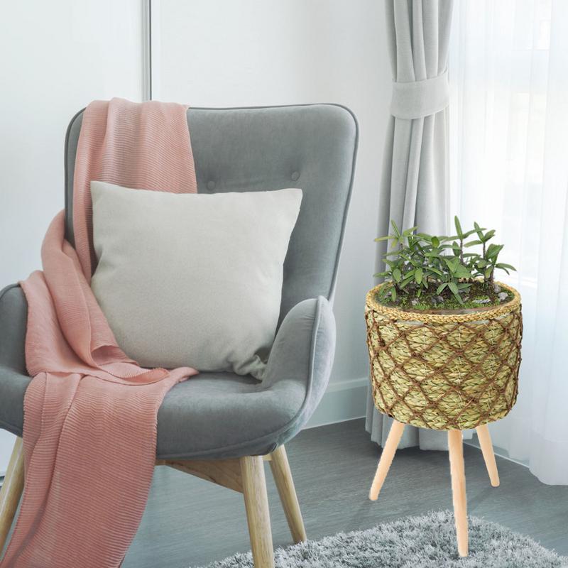 Woven Plant Stand With Legs Elevated Plant Stand With Plant Basket Wooden Round Table Handmade Plant Pot Holder For Flower Pots