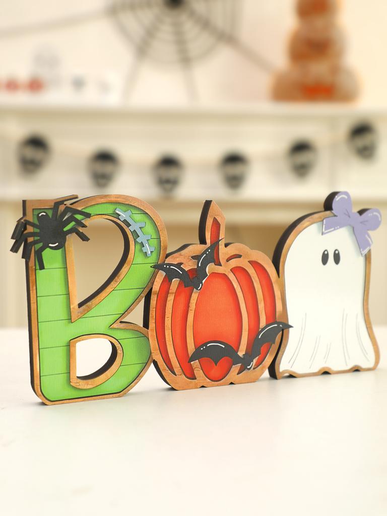 1pc Halloween Wooden"BOO"Table Decor, Ghost,Pumpkin Bat & Letter B with Spider, Colorful Ornaments for Festive Home Desktop Gift