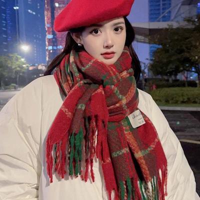Koreański Świąteczny Czerwony Kocyk w Kratę Dzianinowy Szalik dla Kobiet – Retro Z Frędzlami Ocieplacz na Szyję