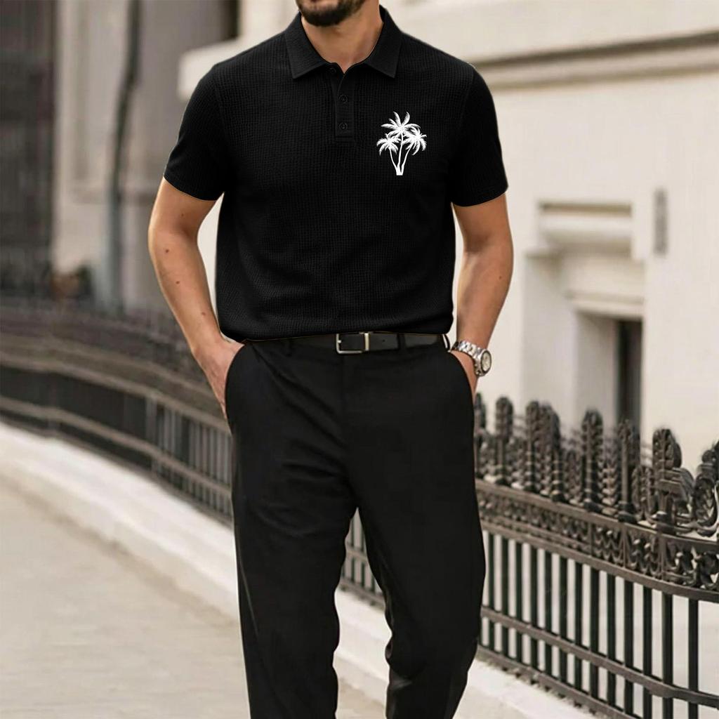 Men's Summer High-End Mesh Ice Silk Short Sleeve Polo Shirt Breathable Lightweight Casual Top with Palm Tree Embroidery