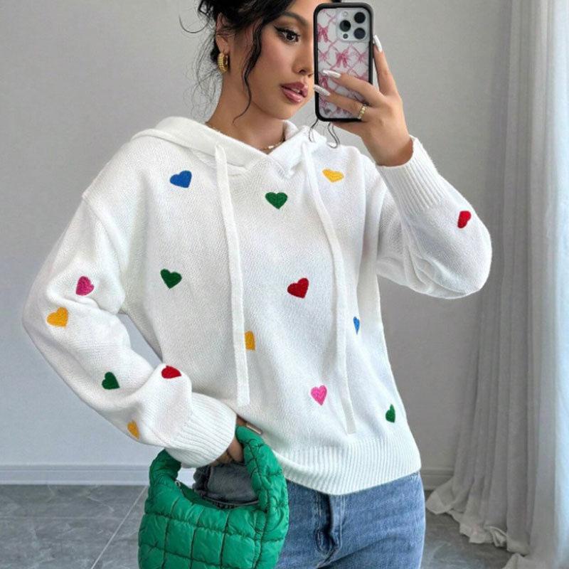 Europe, America autumn and winter women's sweater fashion color love jacquard hooded long-sleeved knitted sweater