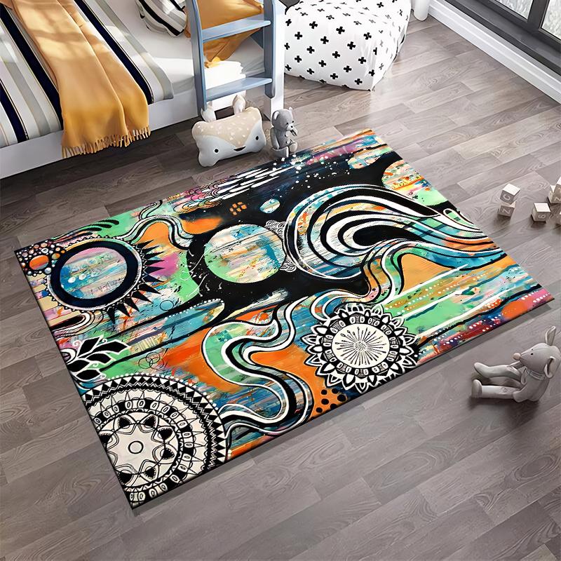 Abstract Art Carpet with Colorful Swirls, Mandala Patterns and Circles Suitable for use as an anti-slip for living room bedroom sofas