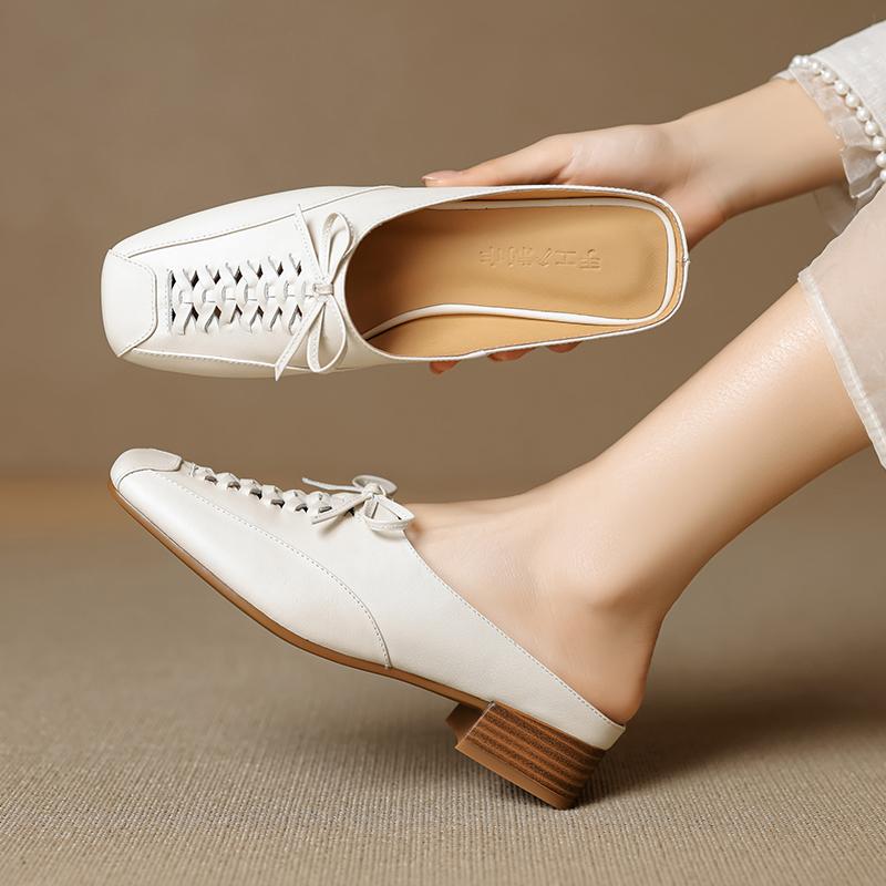 Fashion 2025 New Summer Slippers Cover Toe Fashion Hollow Out Sandals Women Shoes Ladies Shoes Mules Genuine Leather Modern Slippers