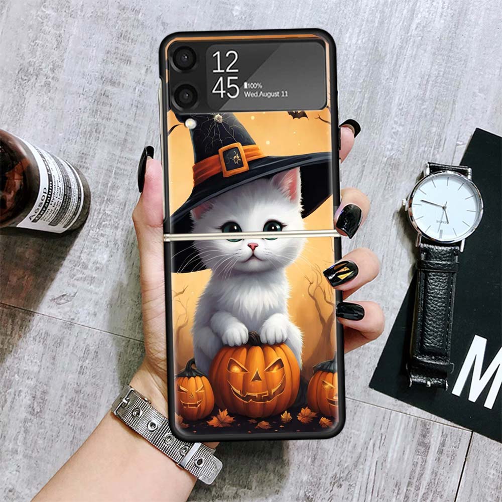 Black Kitten Halloween Pumpkin Cases For Samsung Galaxy Z Flip 4 5 6 7 3 Z Flip7 Flip6 Flip4 Flip5 Flip3 5G Hard Shockproof Fund