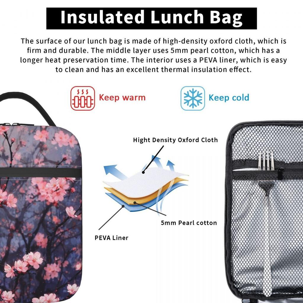 Plum Blossom Pattern Insulated Lunch Bag for Women Office Cooler Thermal Food Box Tote Portable Lunch Boxes Container