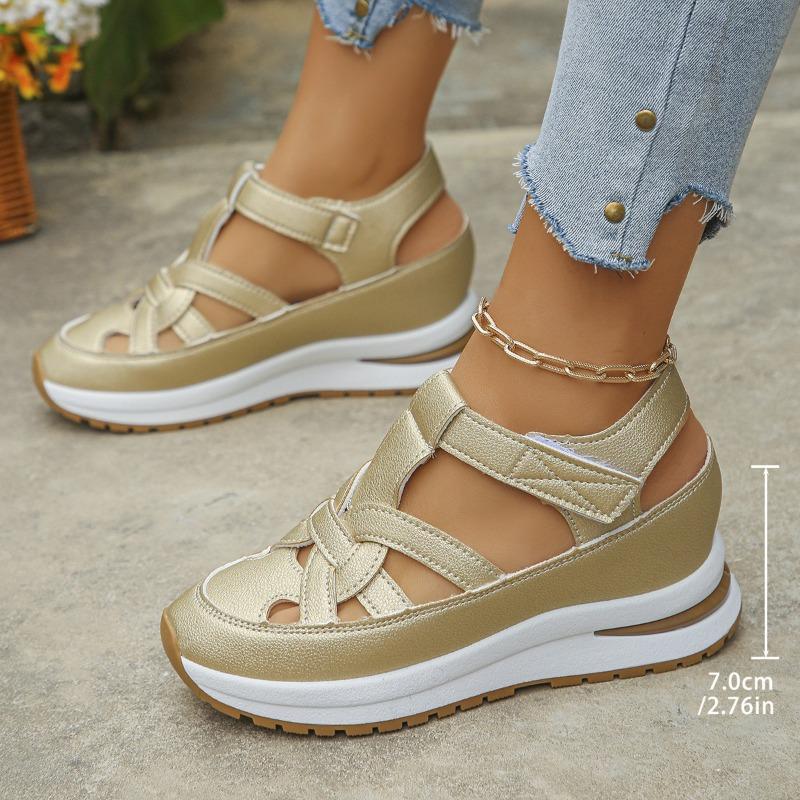 

New large size slope heel sandals women s bag head hollow breathable women s foreign trade large size muffin thick bottom Velcro women 44