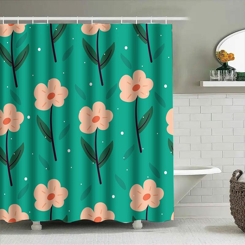 Green Bath Curtain with Flower Print for Bathroom Decor Waterproof Shower Cloth Fabric Home Accessories