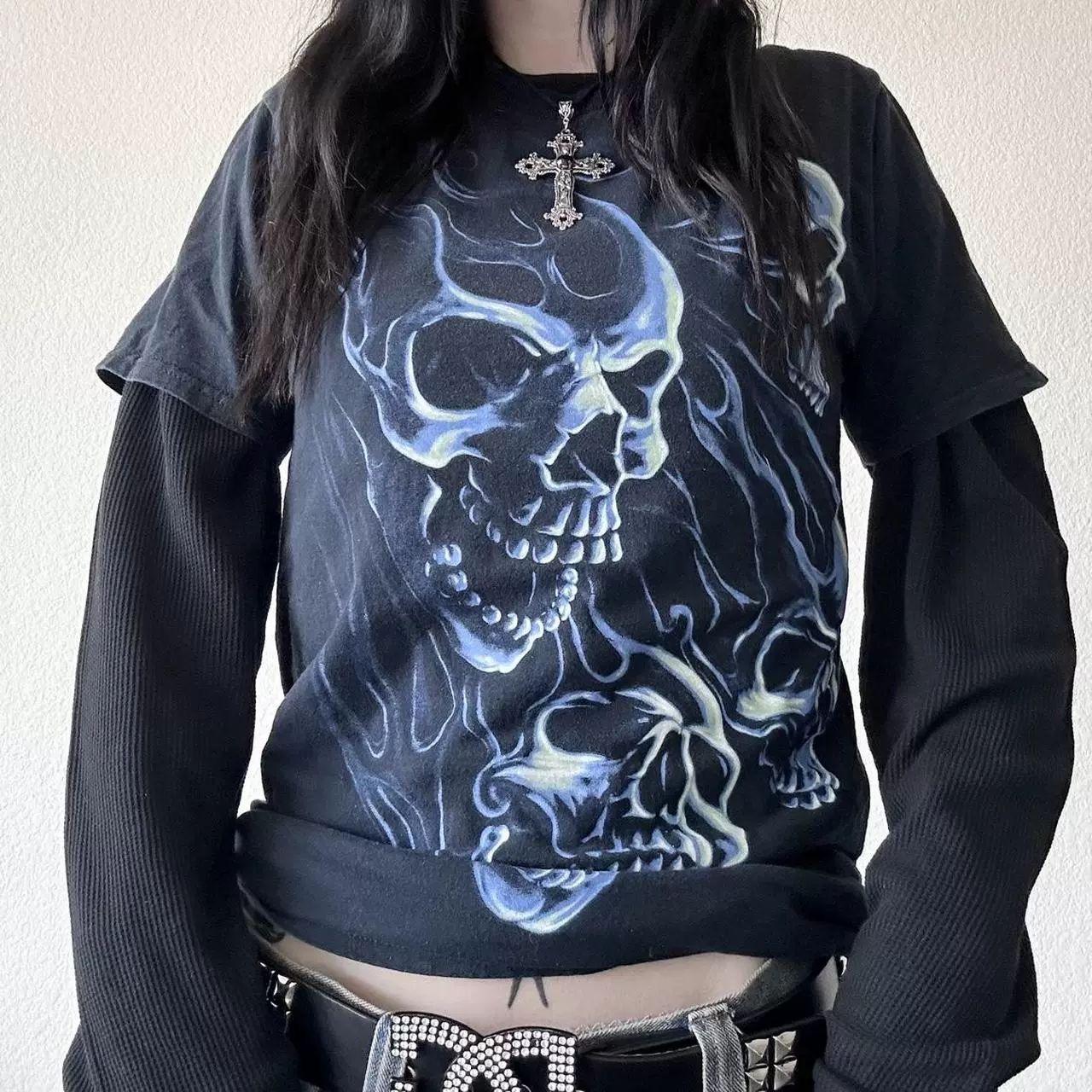 

ZYLLO Vintage Graphic Print Pullovers Tops Halloween Clothes 2000s Skull Grunge Layered Sleeve Tee Y2K Aesthetic Emo Mall Goth T-shirt XL