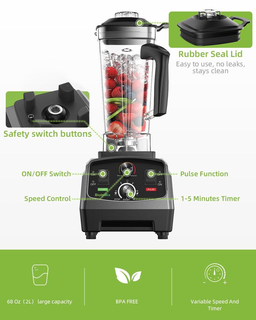 BioloMix T5200 Blender avec Minuterie 2200W Pot de 2L Sans BPA Broyeur de Glace Mixeur à Smoothies
