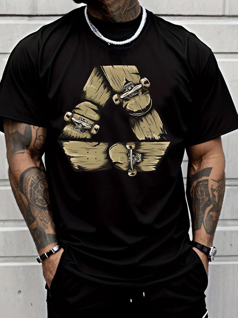 Unisex Summer Casual Short Sleeve T Shirt Broken Skateboard Recycle Symbol Print Oversized Loose Streetwear Fashion Male Daily Top