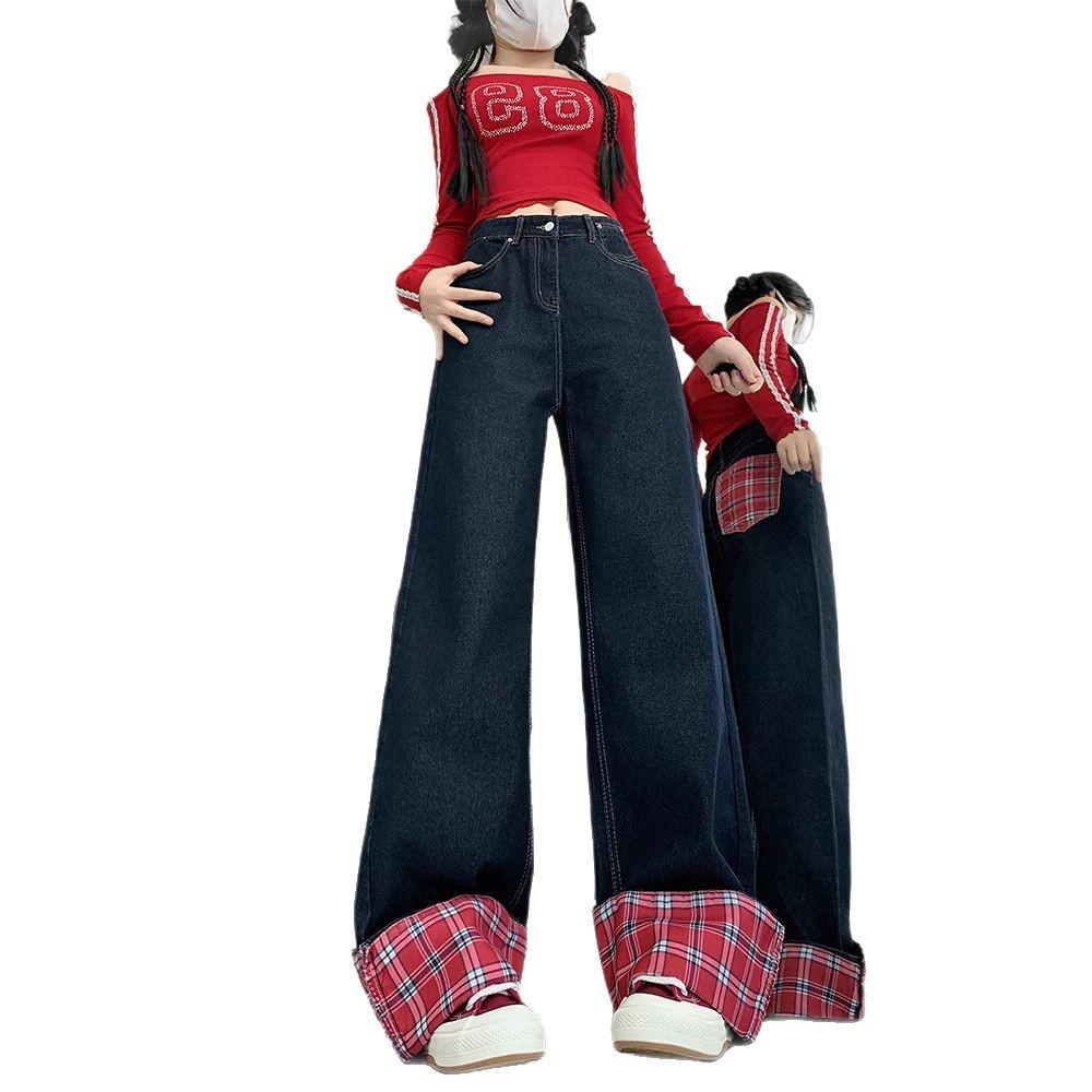 Women's High-Waist Red Plaid Patchwork Wide-Leg Jeans - Retro Style, Plus Size, Slimming Fit for 2024 Autumn/Winter