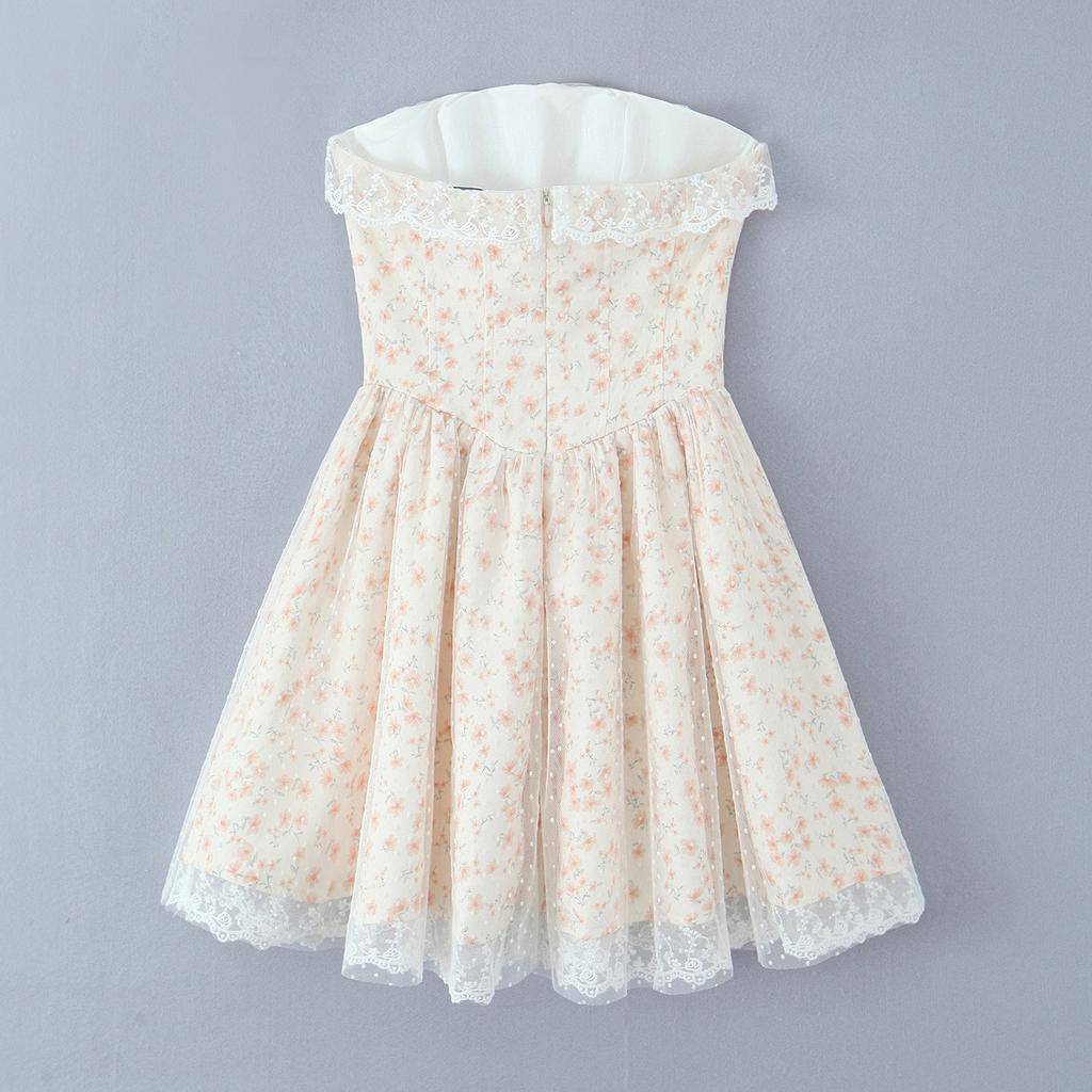 French first love straps waist and thin temperament mesh tutu skirt floral tube top skirt seaside holiday skirt women