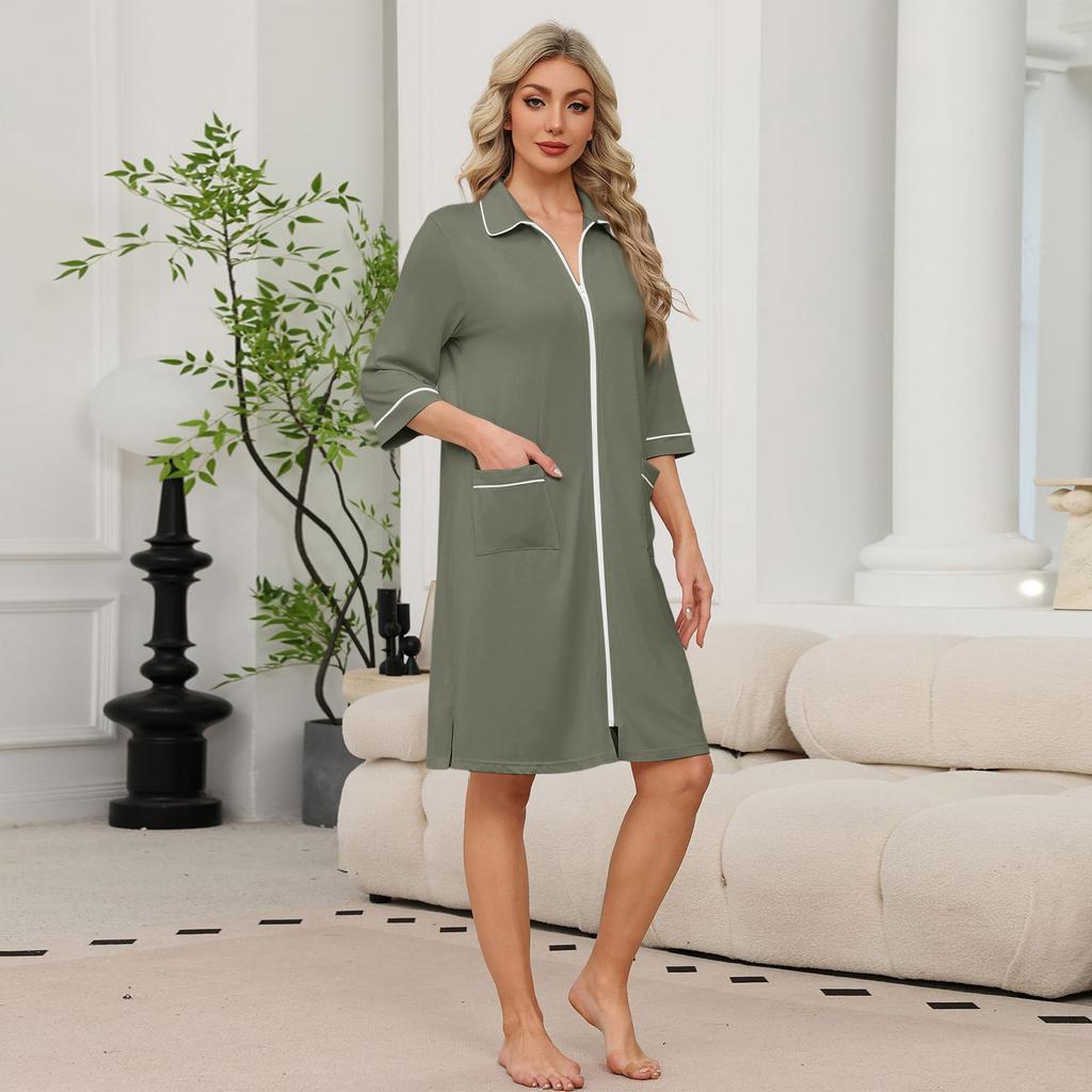 Women's Casual Zip-Up Robe 3/4 Sleeve Knee Length Lightweight Bathrobe with Pockets for Home Loungewear