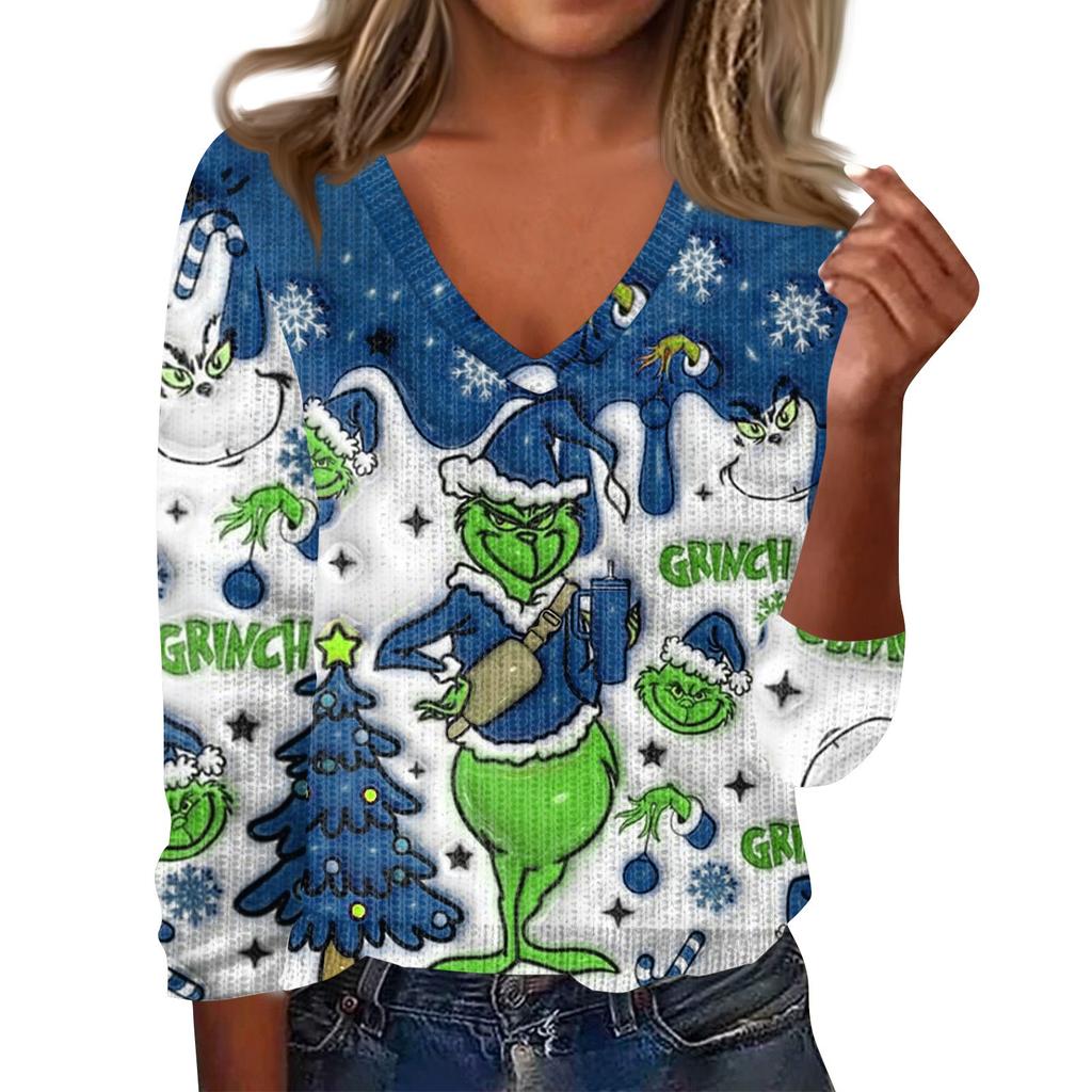 Women's Cute Sweatshirt Knitted Fashion Casual V-neck Long-sleeved  Cozy Print Top