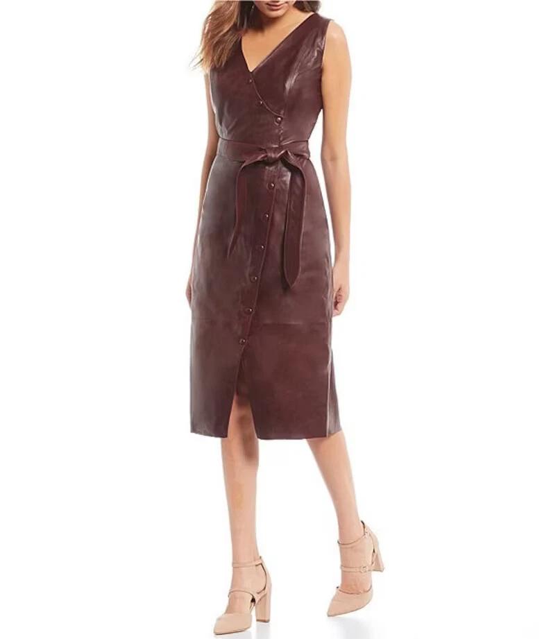 Women Soft Lambskin Formal Handmade Dress Genuine Leather Dress Stylish Burgundy