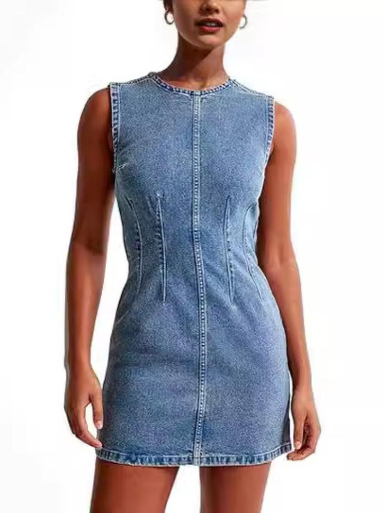 Sleeveless Denim Dress with Zip Front Detail in Multiple Colors - Blue, Black, Navy, White