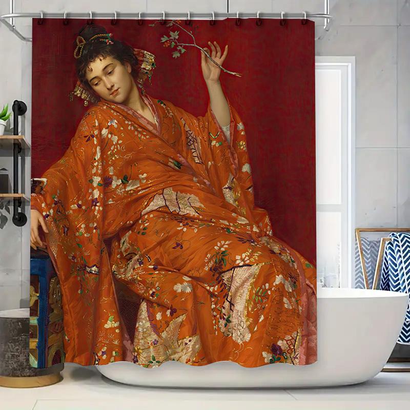 

Vintage Geisha Bath Mat Shower Curtain Japanese Style Floral Print Orange Kimono Patterned Fabric For Home Decor In Bathroom Acc W60H190(CM)-1 Pcs