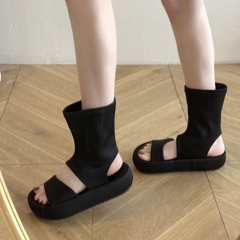

Fashion New Open Toe Boots One-word Elastic Roman Sandals Round Head Thick Bottom Waterproof Platform Non-slip Versatile Women s Shoes 40 чёрный