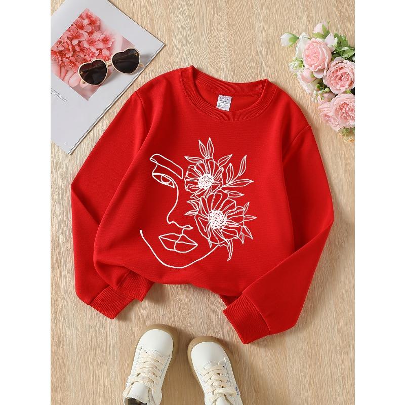 European Sizes Kids' Crewneck Sweatshirt Floral Face Outline Art Design Print , Sportswear And Casual Wear, Soft And Comfortable, Children's Clothing