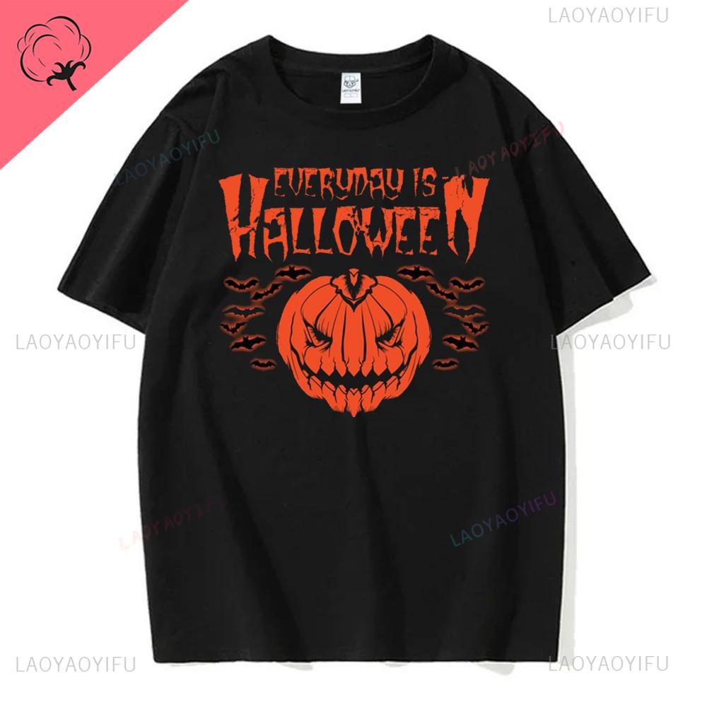 Women Ghost Pumpkin Bat Print Round Neck Pullovers Funny Halloween Costume Cotton Shirt Graphic T Shirts Y2k Top Harajuku Tops