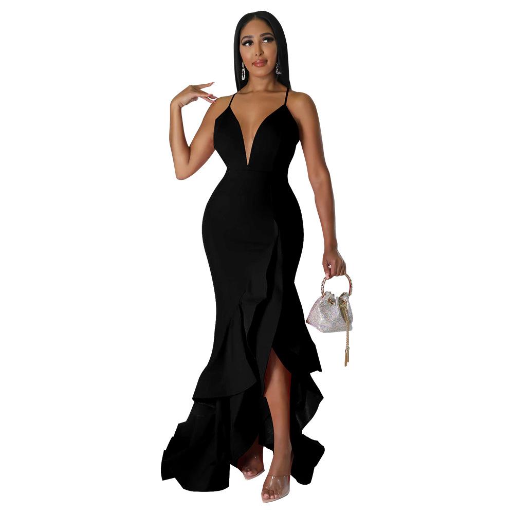 K10234 Women's Backless Maxi Dress V-Neck Ruffle Spaghetti Strap Party Gown