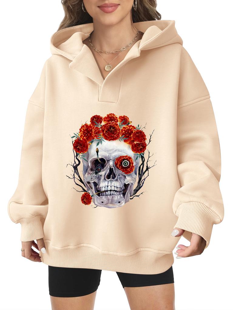 2025 new European and American Halloween women's hooded sweater front and rear pattern winter fleece loose casual