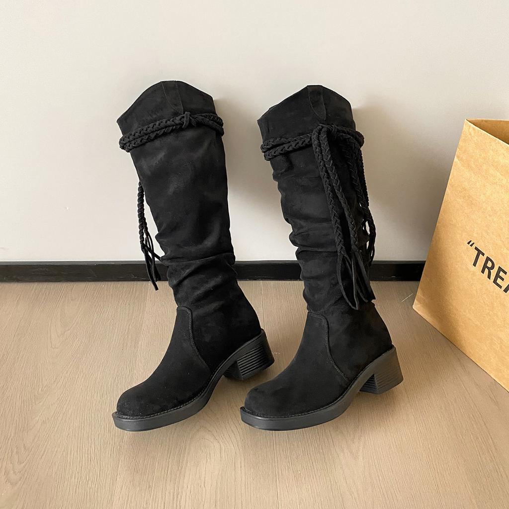 Soft leather! Retro wasteland wind boots women's widened thick heel thin pleated piled boots but knee knight boots