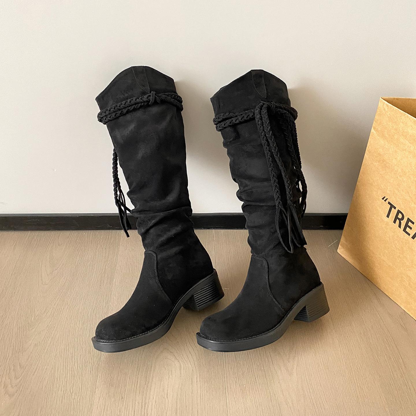 

Su Yinyin same Egyptian boots~ round head fringed thick heel medium and high boots western cowboy boots thick-soled stacking boots 43