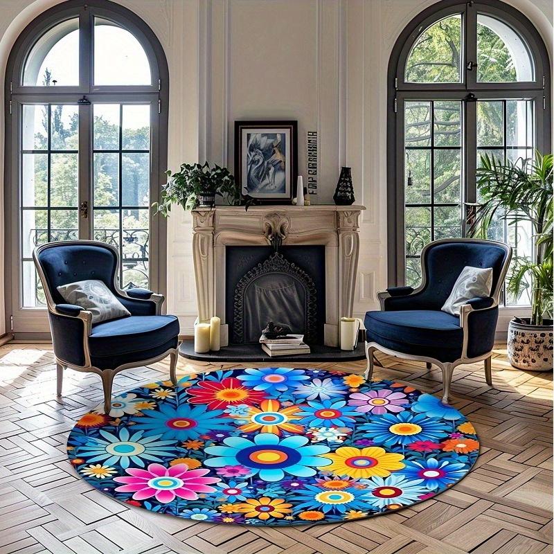 Colorful Daisy Psychedelic Flower Round Rug Bright Rainbow Flannel Carpet For Kids Room Nursery Play Area Hippie Bohemian Floor