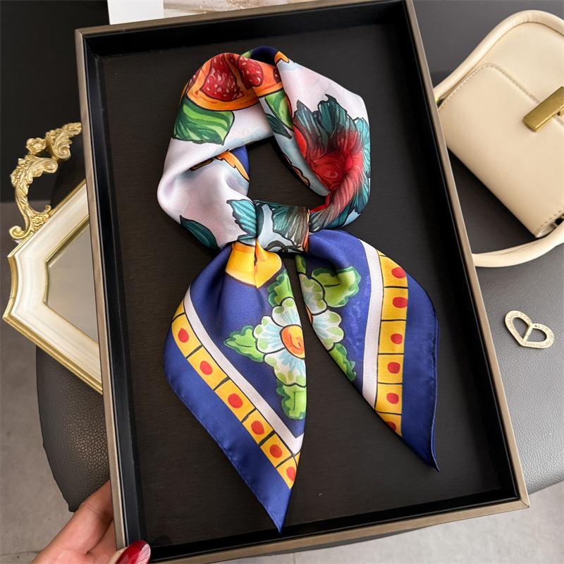 2026 New Arrival Fruit Print Yellow Square Silk Scarf for Women Casual Elegant Thin Breathable Neck Cherif Head Wrap Hair Scarfs