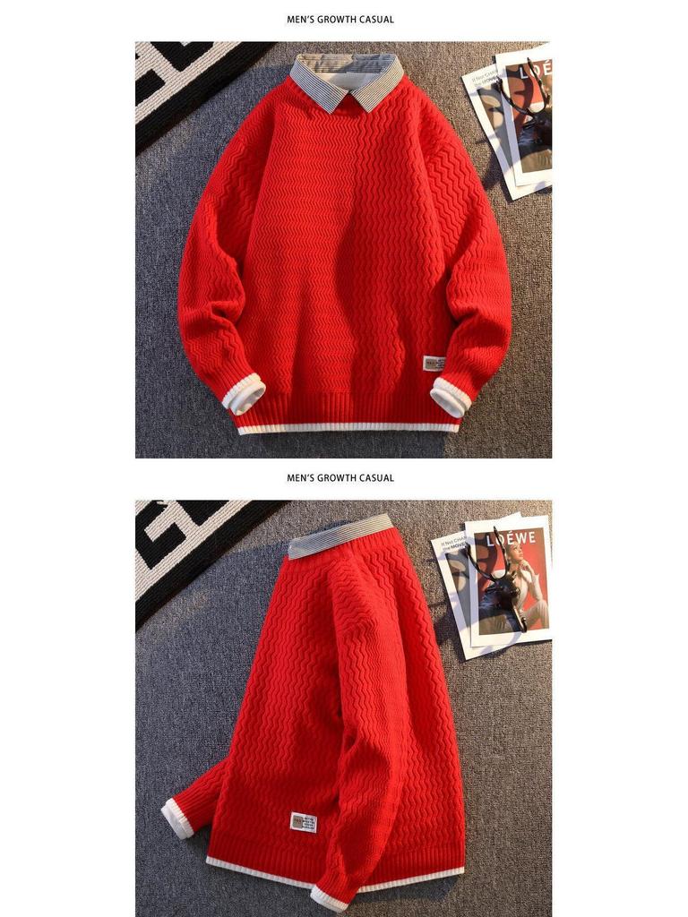 2024 Men's Autumn/Winter Loose Knit Sweater with Shirt Collar, Plus Velvet Two-Piece Look
