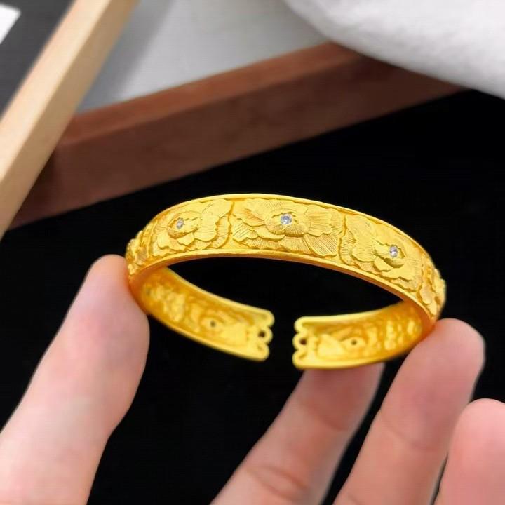 Gold Engraved Peony Flower Open Bangle Bracelet - National Style Copper Jewelry