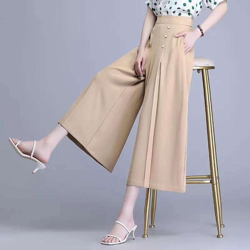 Calças Culottes Casuais de Nove Pontos de Perna Larga e Cintura Alta para Emagrecer para Mulheres Primavera/Verão