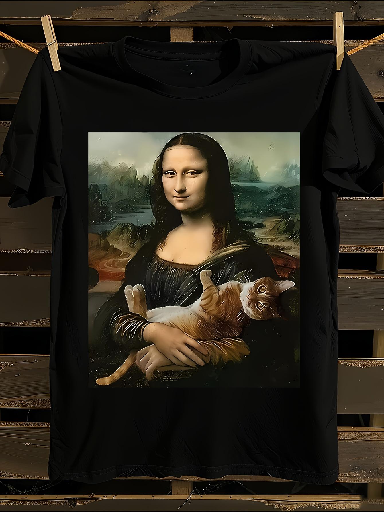 Funny Mona Lisa with Cat Graphic T-shirt S