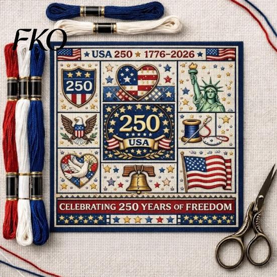 Liberty Bell Cross Stitch 250th Anniversary Kit, Independence Day Theme, Red White Blue Threads Fourth Of July Stitching Set Embroidery Set, Patriotic