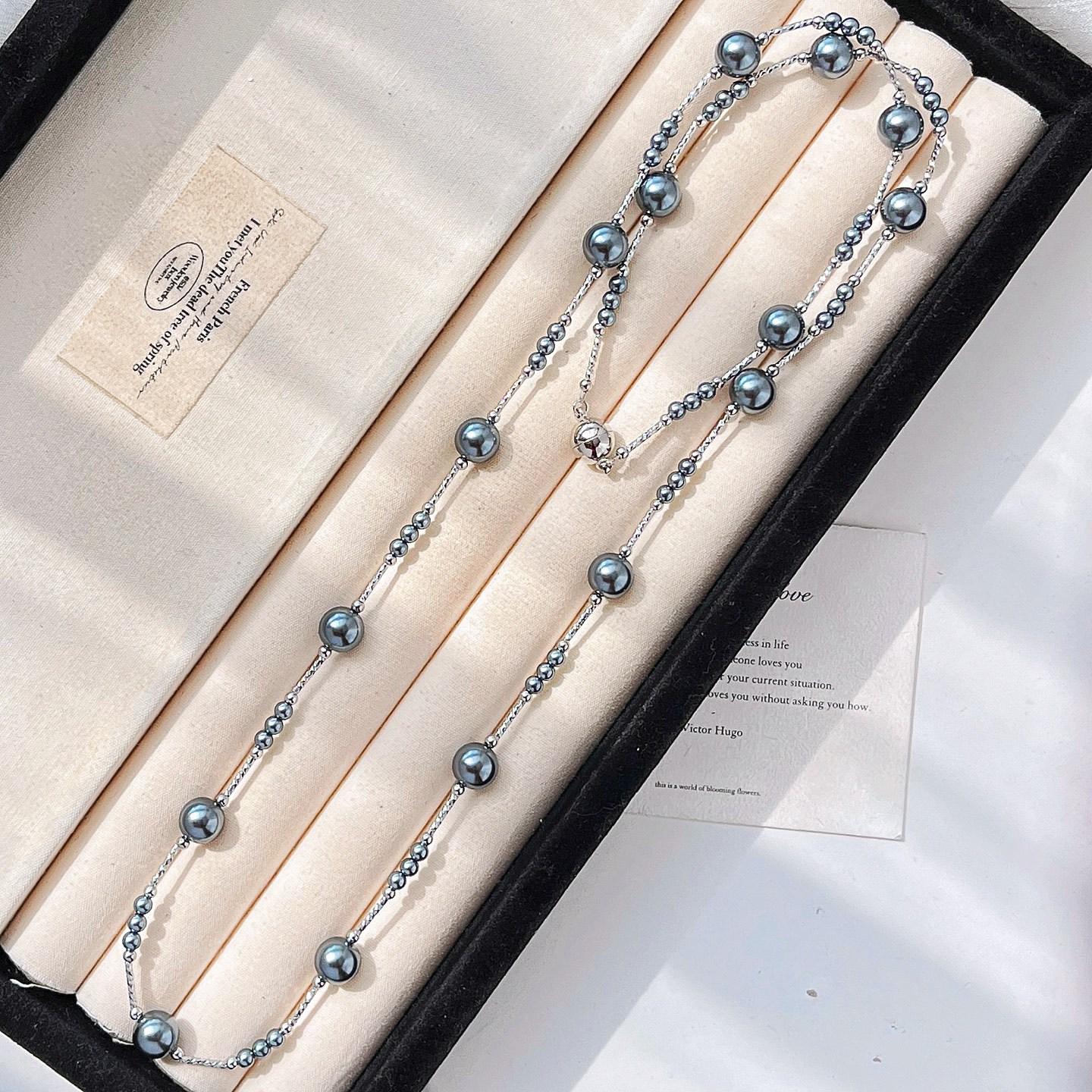 

Cool Gray Cyan Autumn And Winter Boutique Highlight Shijia Pearl Sweater Chain Necklace Collarbone Chain Female