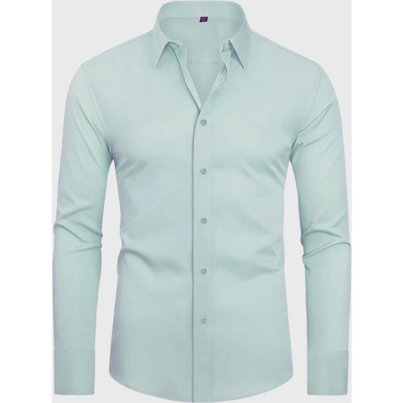Men's Long Sleeve Solid Color Shirt, 4-Way Stretch, Natural Color Button, Slim Fit, Wrinkle Free, Business Casual Dress Shirt