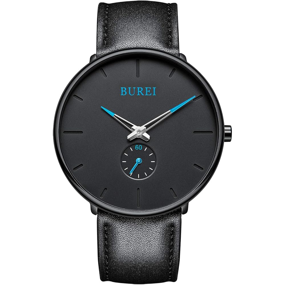 BUREI Men s Black Simple Stylish Watch with Leather Strap