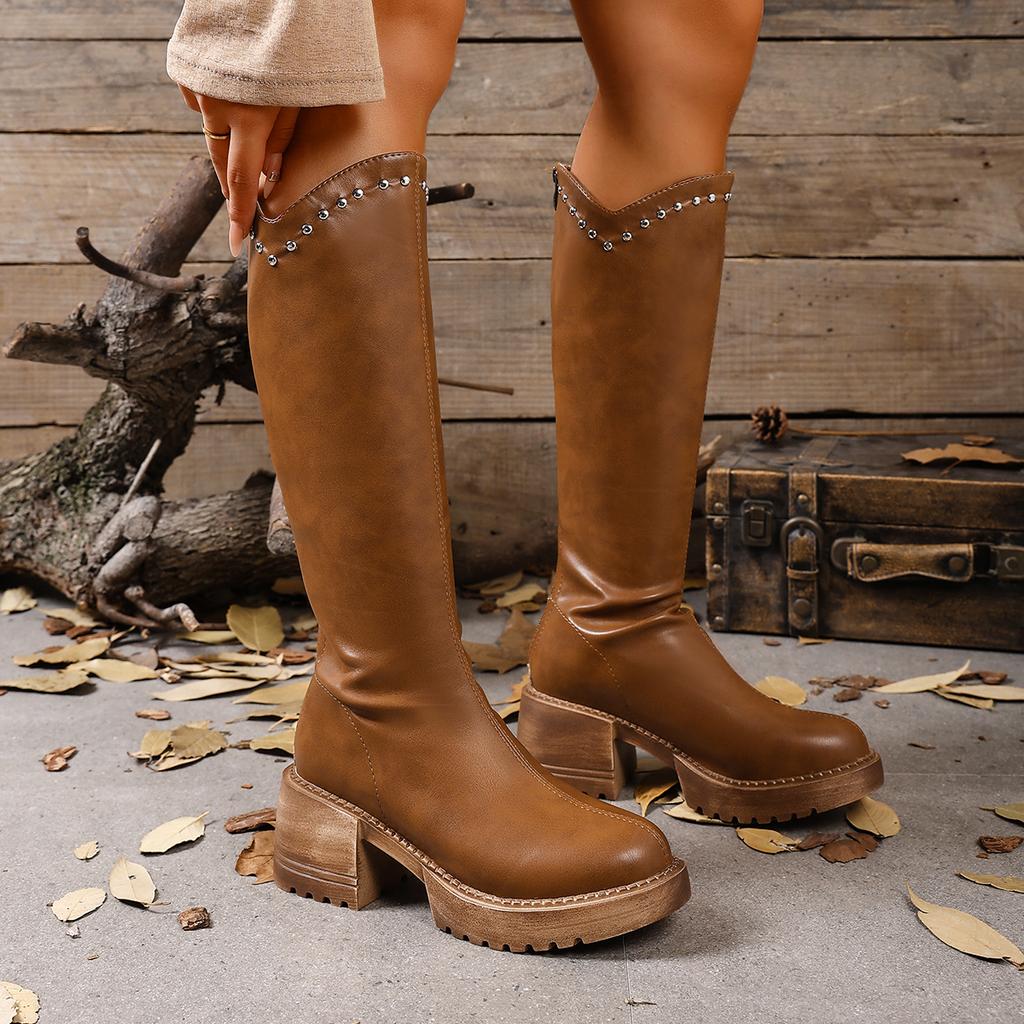 Retro Brown Thick Bottom Long Riding Boots Women 2025 Winter Comfort Platform Thick Heel Western Cowboy Boots Knee High Booties