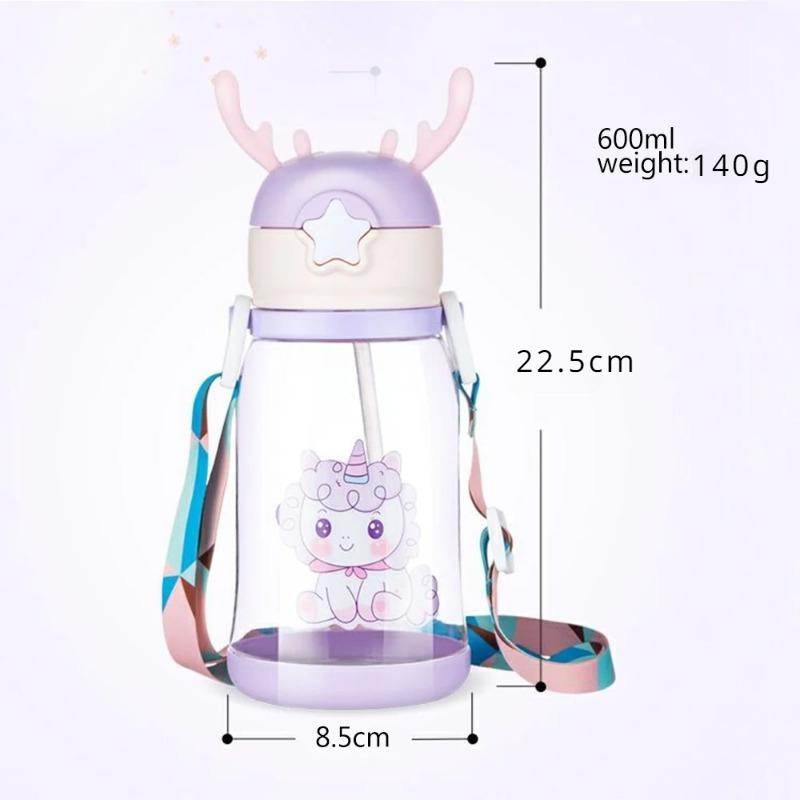 600ml Creative Antler Sippy Cup Water Bottle with Straw Portable Kids Leakproof Jug Outdoor Sports Bottles Children's Drinkware