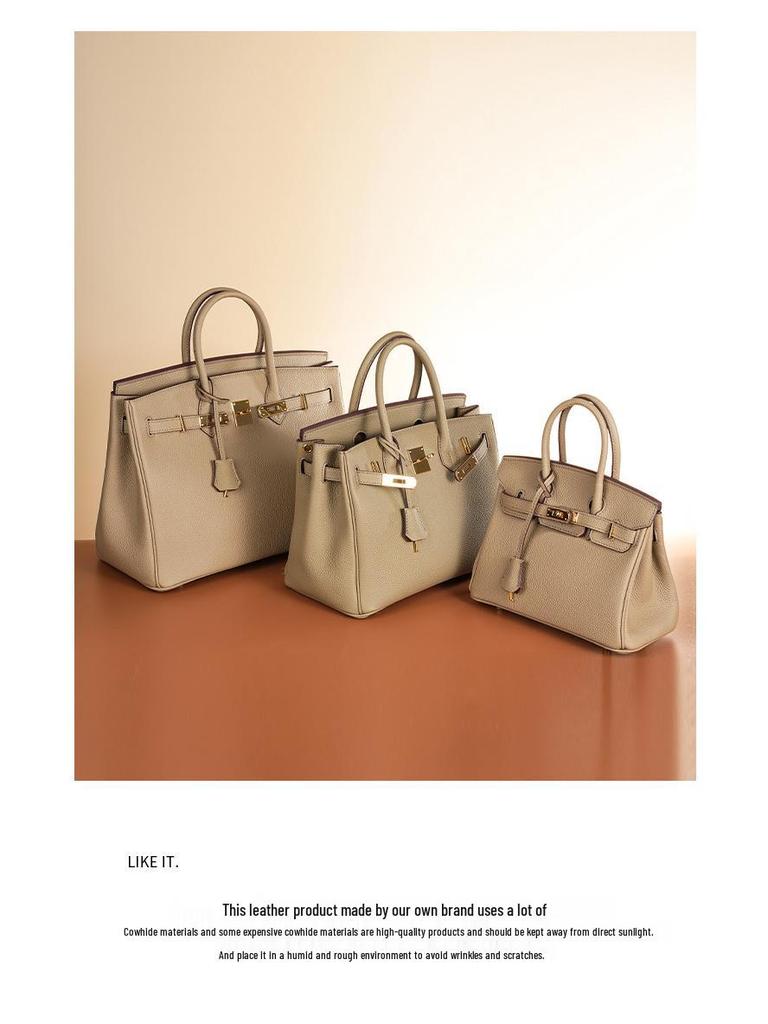 Wax Thread Lychee Grain Cowhide Leather Handbag with Lock Buckle - Women's Platinum Grade Purse