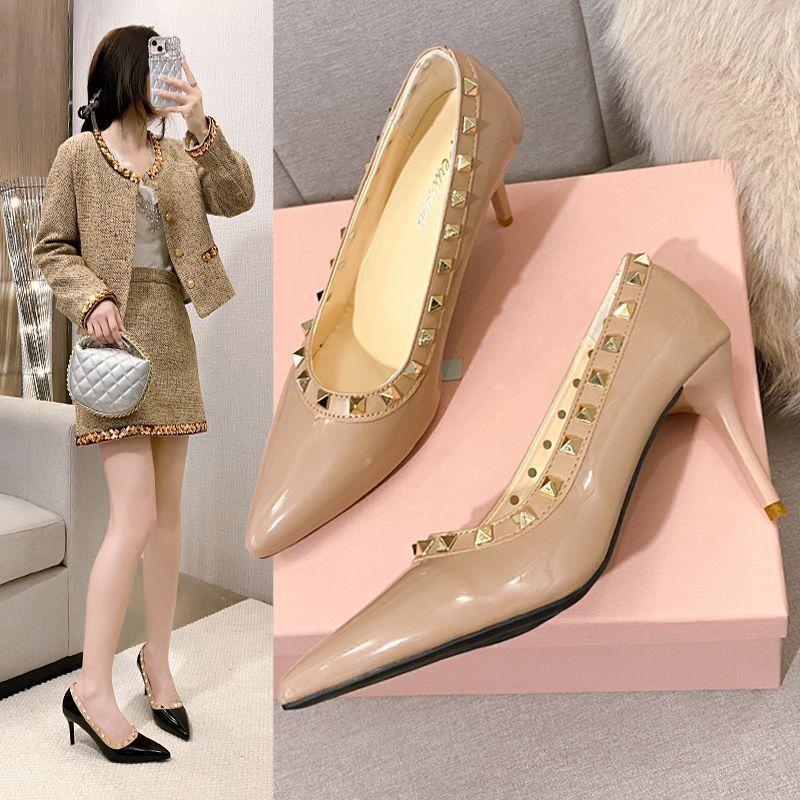 2025 summer nude French design sense thin heel women's shoes beautiful rivet high heels women's pointed temperament European and American single shoes