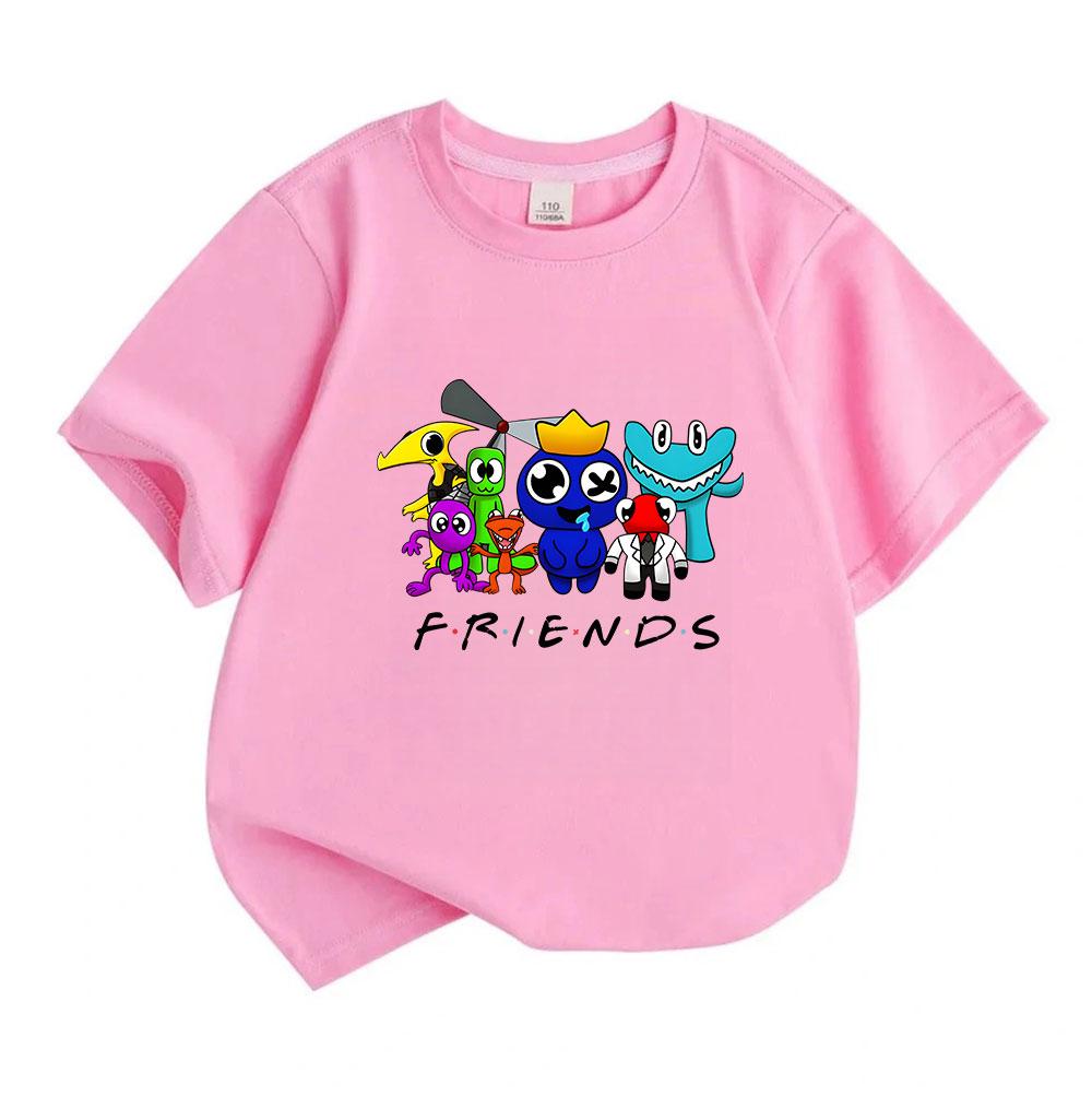 Kids Boys Girls 100% Cotton Crew Neck Short Sleeve T-Shirt, Cute Colorful Cartoon Friend Group Pattern Casual Breathable Soft Tee Shirt for Daily Play